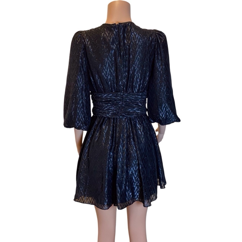 Do+Be Black Shimmer Puff Sleeve Wrap Mini Dress Size M Party Cocktail Holiday - Picture 5 of 12